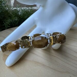 VTG 1960s Asian Link Bracelet Size 7 Tiger Eye Quartz Cabs Gold Plated Jewelry